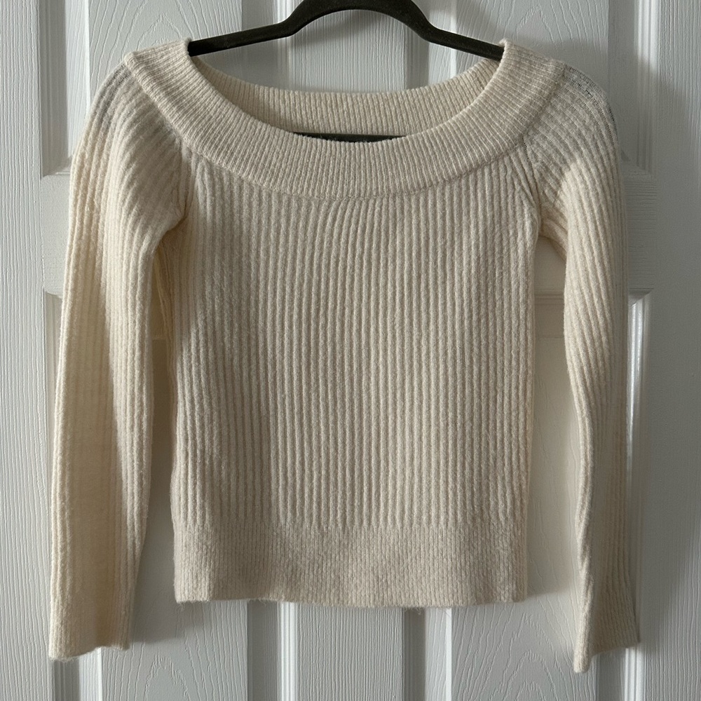 White / Cream Off the Shoulder Long Sleeve Scoop Neck Sweater